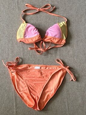 Bikini Orange Pink Yellow Sparkle No Boundaries Size M Triangle Top Large Bottom